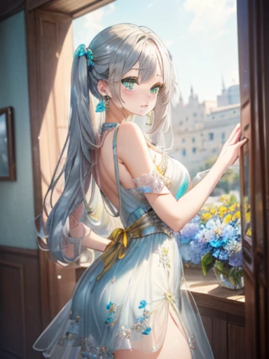 The arrival of spring、big butt、 (alone:1.5,)Super detailed,bright colors, very beautiful detailed anime face and eyes, look straight, ;d, shiny_skin,girl, ((silver long hair,Inner color is red 、forehead is exposed.、green eyes、、shiny hair, delicate beautiful face, blush、(turquoise eyes), White skin, Valletta, earrings,、blue flower field、(((Floral、yellow、transparent silver dress sedan sexy clothes、yellowのロングスカート)))、twin tails