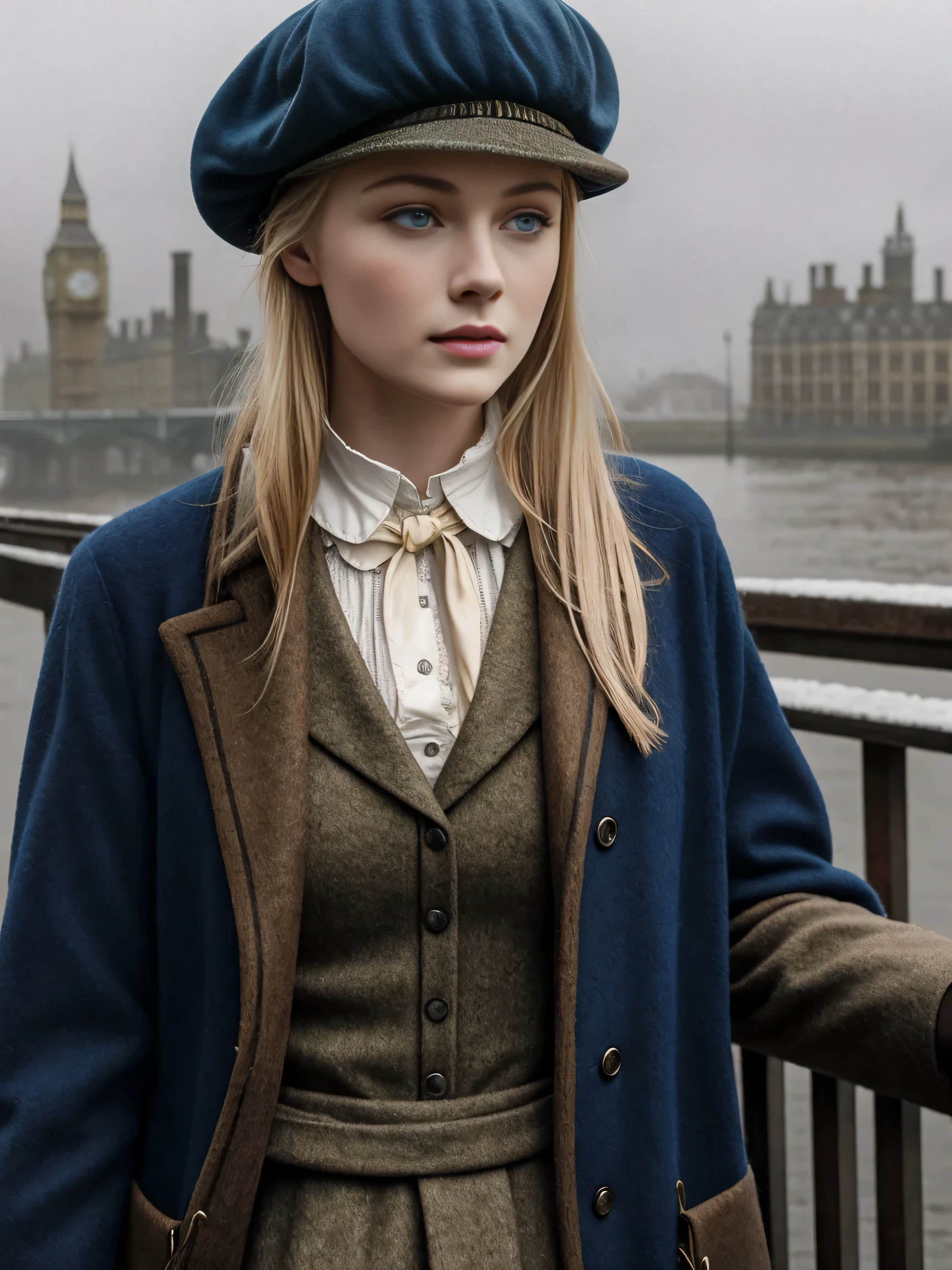 blond woman with blue eyes, wears a deerstalker cap, dressed like Sherlock Holmes, hyperrealistic , 18 years old, masterpiece, wear a oldstyle victorian dress, oldstyle, outdoor, old London City, foggy Atmosphere, 