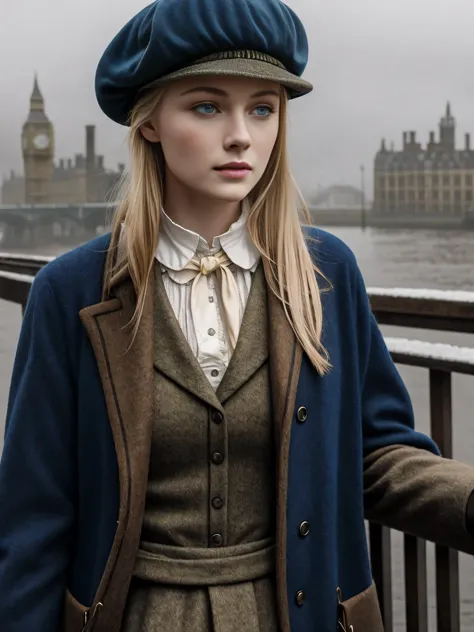 blond woman with blue eyes, wears a deerstalker cap, dressed like Sherlock Holmes, hyperrealistic , 18 years old, masterpiece, w...
