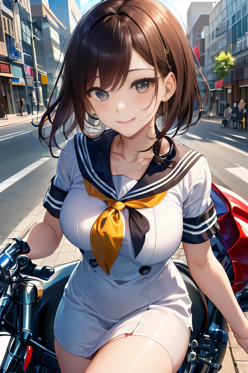 big and full breasts、(((A transparent white sailor suit that sticks to the chest,school uniform:1.7))),(((A woman wearing a transparent sailor suit:1.7 ))),(((A woman riding a colorful custom-painted motorcycle through the city:1.7))), Shiny light brown and orange striped short hair,cute smile,perfect round face,A cheerful smile that makes the viewer happy,proper body proportions,table top,Ultra high quality output image,High resolution,intricate details,very delicate and beautiful hair,realistic pictures,dream-like,professional lighting,realistic shadow,focus only,beautiful hands,beautiful fingers,Detailed functions of fingers,Detailed features of the wear,Detailed characteristics of hair,detailed facial features,(((emphasize the chest:1.3))),(dynamic angle),(dynamic and sexy pose),laughter、cute round face,,(table top,highest quality,Ultra-high resolution output image,) ,(8K quality,),(sea art 2 mode.1),(Image Mode Ultra HD,)