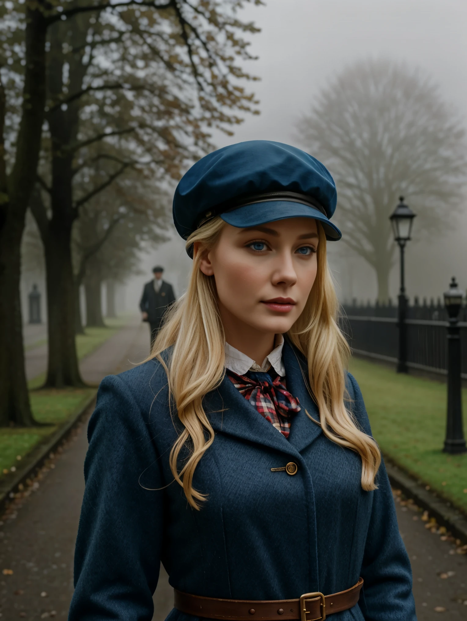 blond woman with blue eyes, wears a deerstalker cap, dressed like Sherlock Holmes, hyperrealistic , 2, masterpiece, wear a oldstyle victorian dress, oldstyle, outdoor, old London City, foggy Atmosphere, 