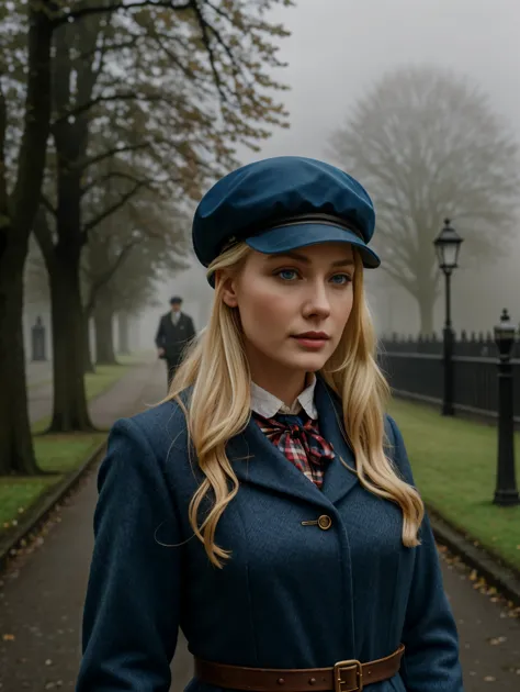 blond woman with blue eyes, wears a deerstalker cap, dressed like Sherlock Holmes, hyperrealistic , 28 years old, masterpiece, w...