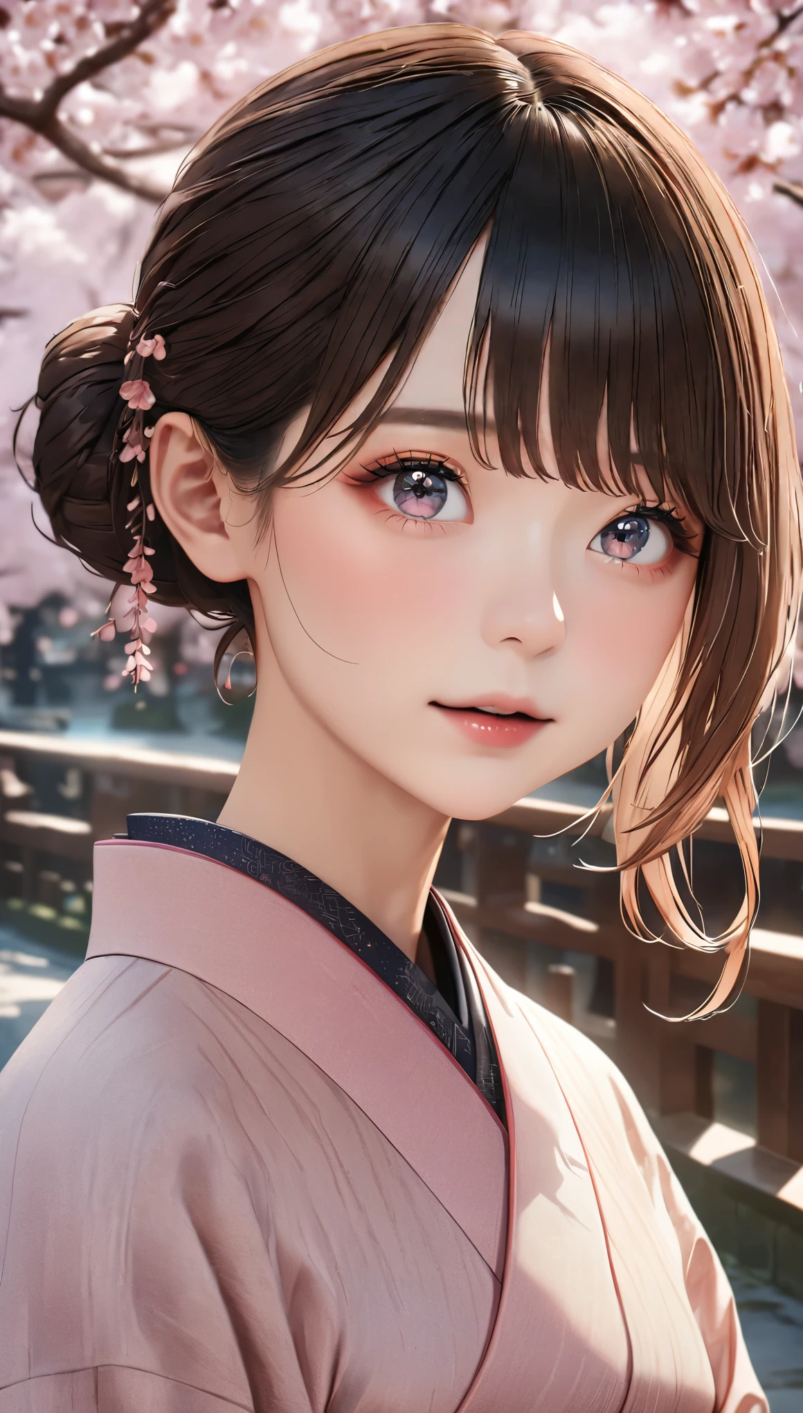 (kimono)、Japanese clothing、anime style、(highest quality,masterpiece:1.3,超A high resolution,),(Super detailed,caustics),(Photoreal:1.4,RAW shooting,)ultra-realistic capture,very detailed,High resolution 16K suitable for human skin、 natural skin texture、cute女の子、bun hair、Skin tone looks even and healthy、 Use natural light and color,one woman,Japanese,,cute,beautiful silky brown hair,middle hair,(Depth of written boundary、chromatic aberration、wide lighting range、natural shading、)、(hair swaying in the wind:1.3)、(Cherry tree in full bloom:1.3)、Yoshino cherry tree、The beautiful city of Kyoto