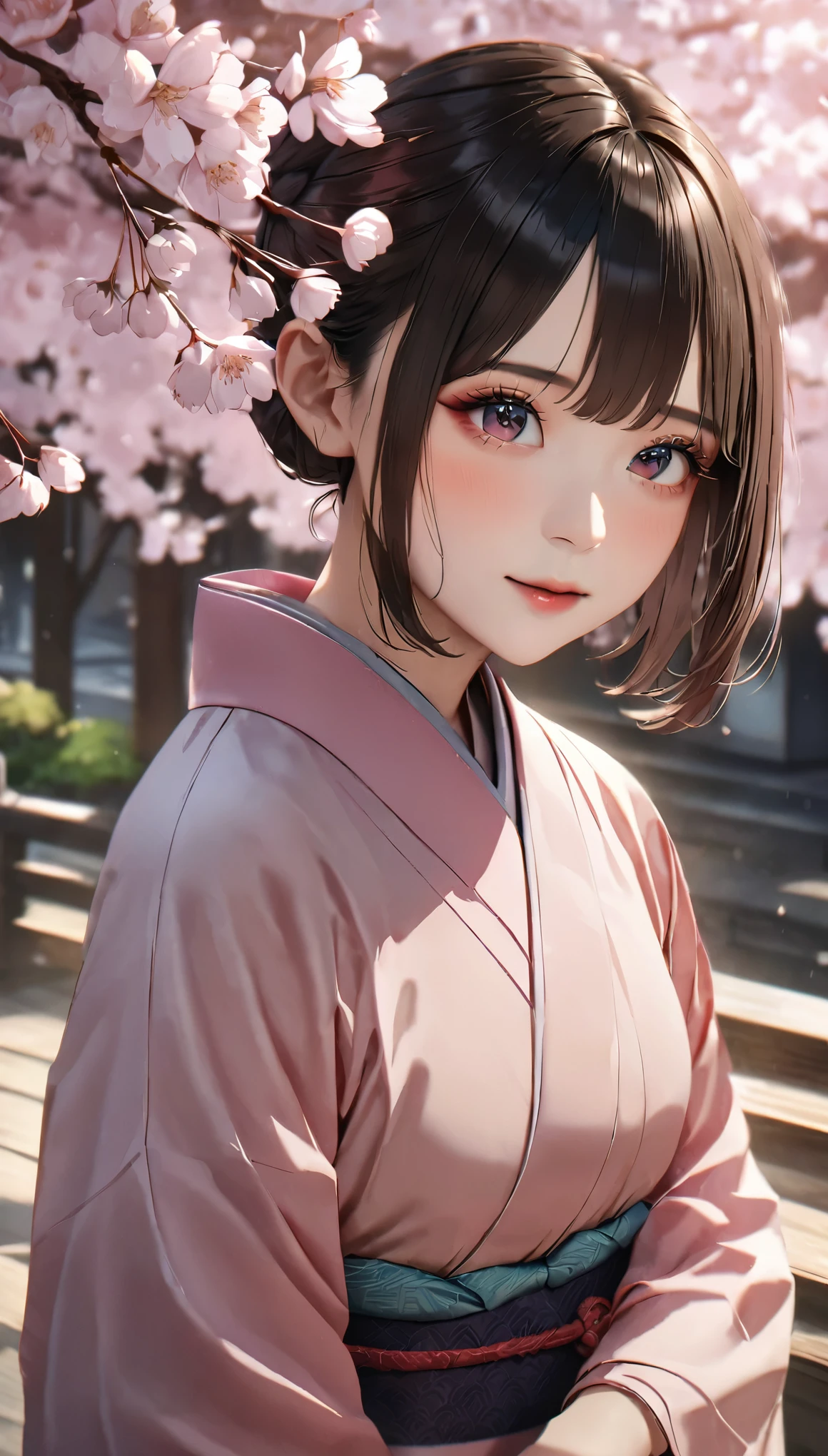 (kimono)、Japanese clothing、anime style、(highest quality,masterpiece:1.3,超A high resolution,),(Super detailed,caustics),(Photoreal:1.4,RAW shooting,)ultra-realistic capture,very detailed,High resolution 16K suitable for human skin、 natural skin texture、cute女の子、bun hair、Skin tone looks even and healthy、 Use natural light and color,one woman,Japanese,,cute,beautiful silky brown hair,middle hair,(Depth of written boundary、chromatic aberration、wide lighting range、natural shading、)、(hair swaying in the wind:1.3)、(Cherry tree in full bloom:1.3)、Yoshino cherry tree、The beautiful city of Kyoto