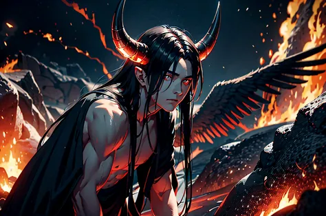 there is a young man next to the lava，there is a pair of big black wings on the back，no shirt，there are horns on the head，long b...