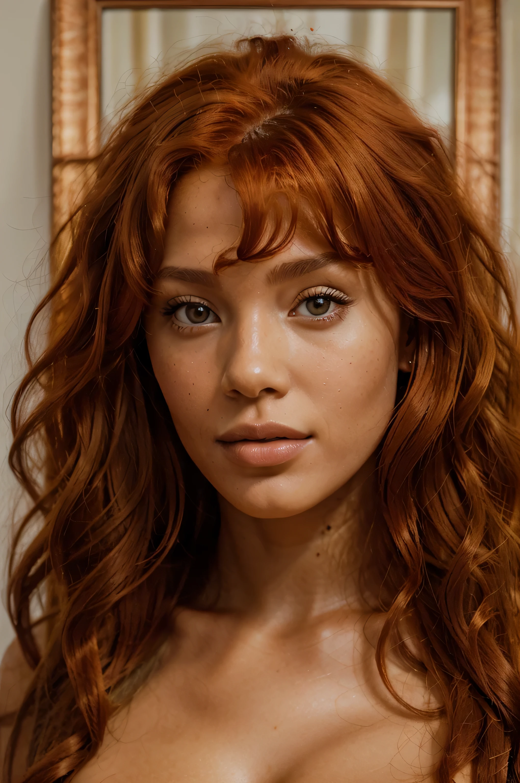 a close up of a woman with red hair posing for a picture, a portrait by Nicholas Marsicano, trending on cg society, digital art, curly copper colored hair, sza, stunning african princess, orange skin and long fiery hair, gorgeous beautiful woman, stunning beauty, photoshoot, gorgeous woman, wild ginger hair, jaw-dropping beauty, stunning woman