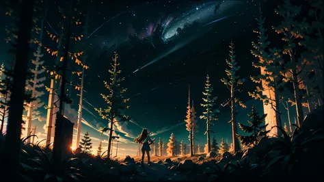 Ultra high-definition, 16K, realistic, a serene and fantastical night scene of a forest under a starry sky with dimly lit illumi...