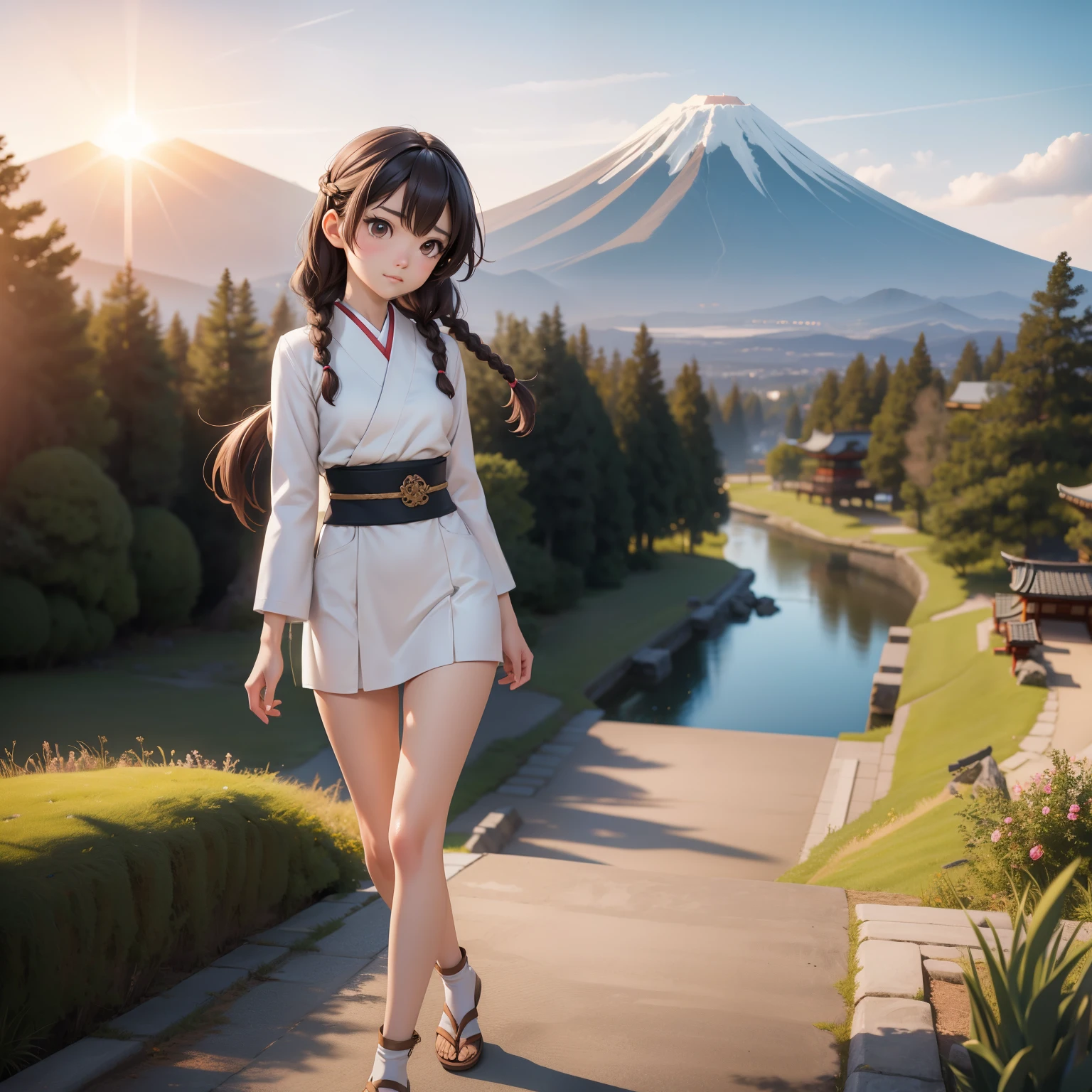 Japanese teenager, pretty face, young face, thin chin, bangs, braids, long brown hair, pale skin, very slim, skinny body, straight breasts, flat breasts, small breasts, thin legs, short legs, skinny thighs, wearing a tiny A-line dress, walking, Sunset, Mount Fuji in the background, artwork, detailed setting, cozy setting, pokies, camel toe, cinematic lighting, masterpiece, highly detailed, high definition, detailed scenery, hyperrealistic anime, full body, 135mm lens