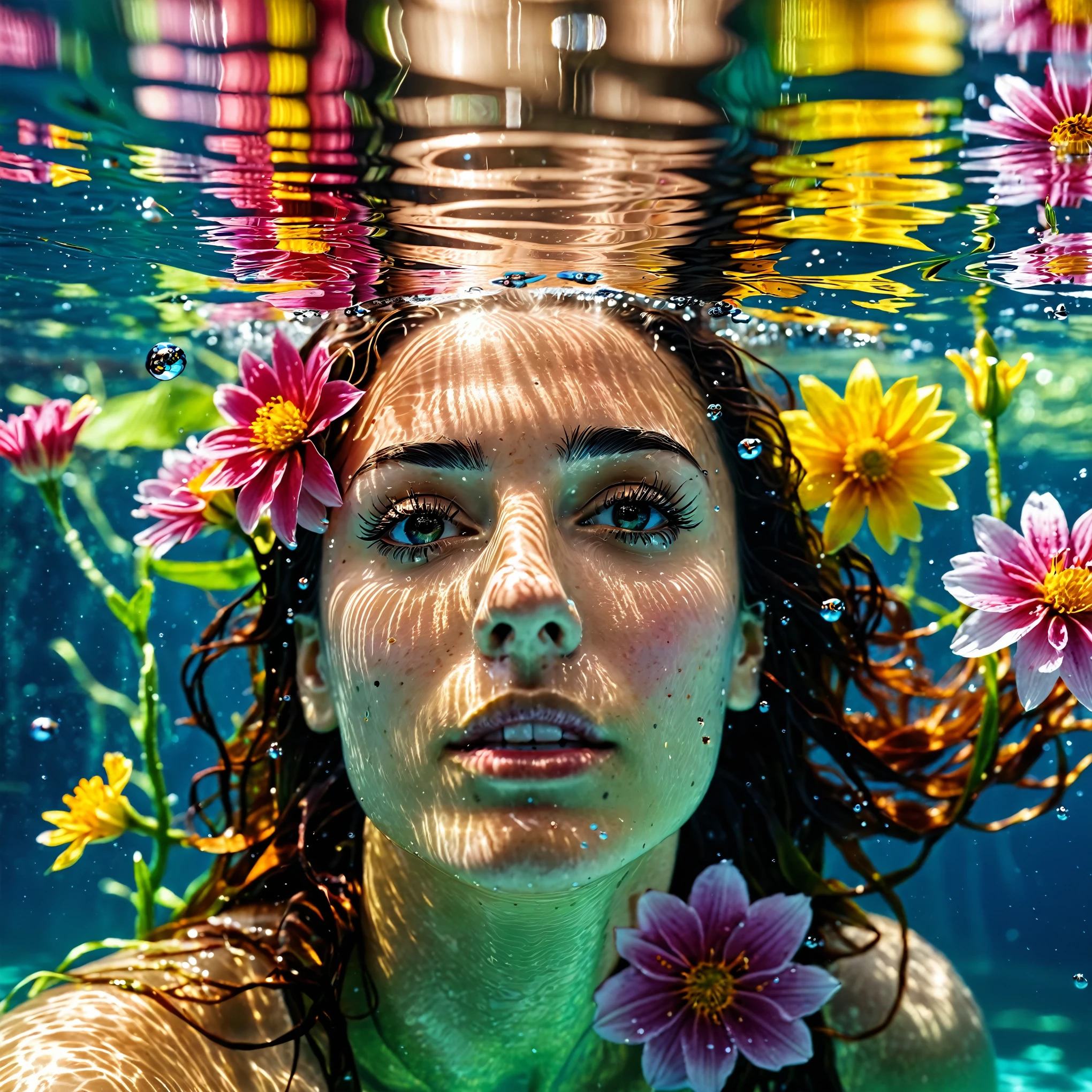 arafed woman with flowers floating in the water in a pool, portrait of a woman underwater, underwater photography, underwater photo, underwater face, floating under water, underwater photograph, 8k artistic portrait photography, floathing underwater in a lake, submerged in water, under water, under water visual distortion, underwater looking up, color photograph portrait 4k, floating in waterphoto taken at eye level,DSLR,canon EOS RS,ultra quality,sharp focus,tack sharp, depth of field (dof). Film grain,crystal clear,8k UHD, highly detailed, facial features, high detailed background. Art supplies.