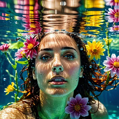 arafed woman with flowers floating in the water in a pool, portrait of a woman underwater, underwater photography, underwater ph...