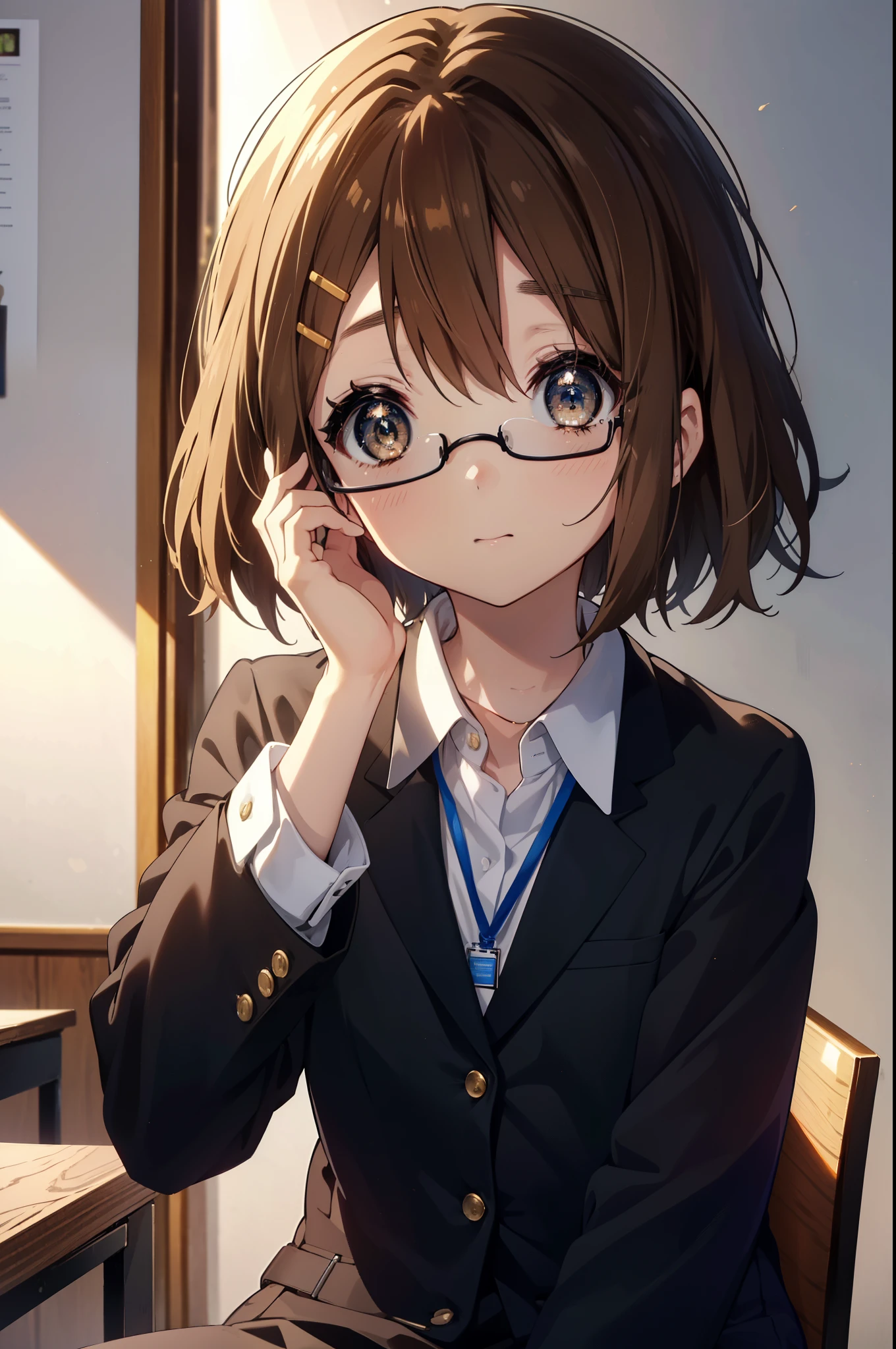 yuihirasawa, yui hirasawa, short hair, brown hair, hair ornaments, (brown eyes:1.5), hair clip、OL, Black Abyss glasses, end, black suit jacket, collared jacket, white dress shirt, collared shirt, neckline, button, strap, ID card on neck, black pencil skirt, black pantyhose, stiletto heels,sitting cross-legged on a chair,There is a computer on the desk.,smile, blush, 視聴者を見ている
break indoors, classroom,
break looking at viewer, (cowboy shot:1.5),
break (masterpiece:1.2), highest quality, High resolution, unity 8k wallpaper, (figure:0.8), (detailed and beautiful eyes:1.6), highly detailed face, perfect lighting, Very detailed CG, (perfect hands, perfect anatomy),