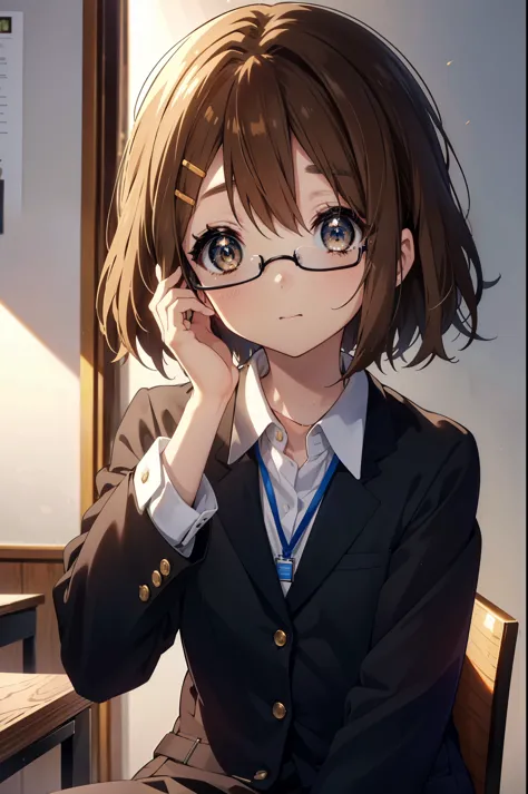 yuihirasawa, yui hirasawa, short hair, brown hair, hair ornaments, (brown eyes:1.5), hair clip、ol, black abyss glasses, end, bla...