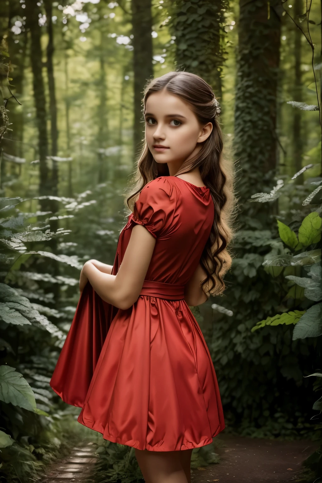 best quality,ultra-detailed,photorealistic,beautiful girl in a garden,traditional oil painting,red cape flowing in the wind,deep green grass and tall trees,sunlight filtering through the leaves,enchanted forest,detailed eyes and face,innocent expression,long wavy hair,basket filled with fruits and flowers,gentle smile,warm color palette,soft lighting, and big bad wolf hiding behind trees,mysterious atmosphere,storybook illustration,lush foliage,ethereal beauty,soft textures,dramatic shadows,fairy tale,adventure and danger,classic literature,magical encounter, exploring the unknown,curiosity,prominent eyes,portraits,mythical creature,suspenseful moment,exciting journey,innocence and bravery,contrast between light and dark,hidden dangers,whispering wind and rustling leaves,adding a touch of surrealism, path leading deeper into the forest,quiet and tranquil setting,enchanted garden,contrast between the girl's red cloak and the green surroundings,contrast between the girl's soft features and the wolf's fierce expression,captivating and compelling imagery.