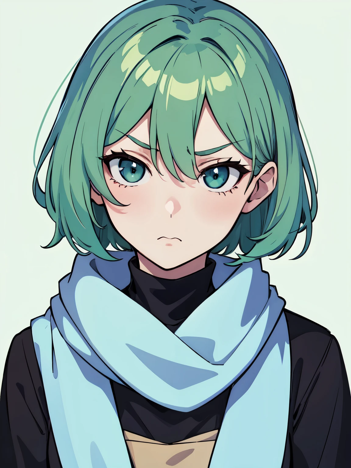 masterpiece, best quality, highres, 1girl, short green pastel hair, looking at viewer, long scarf, japanese, black shirt, turtleneck, serious face