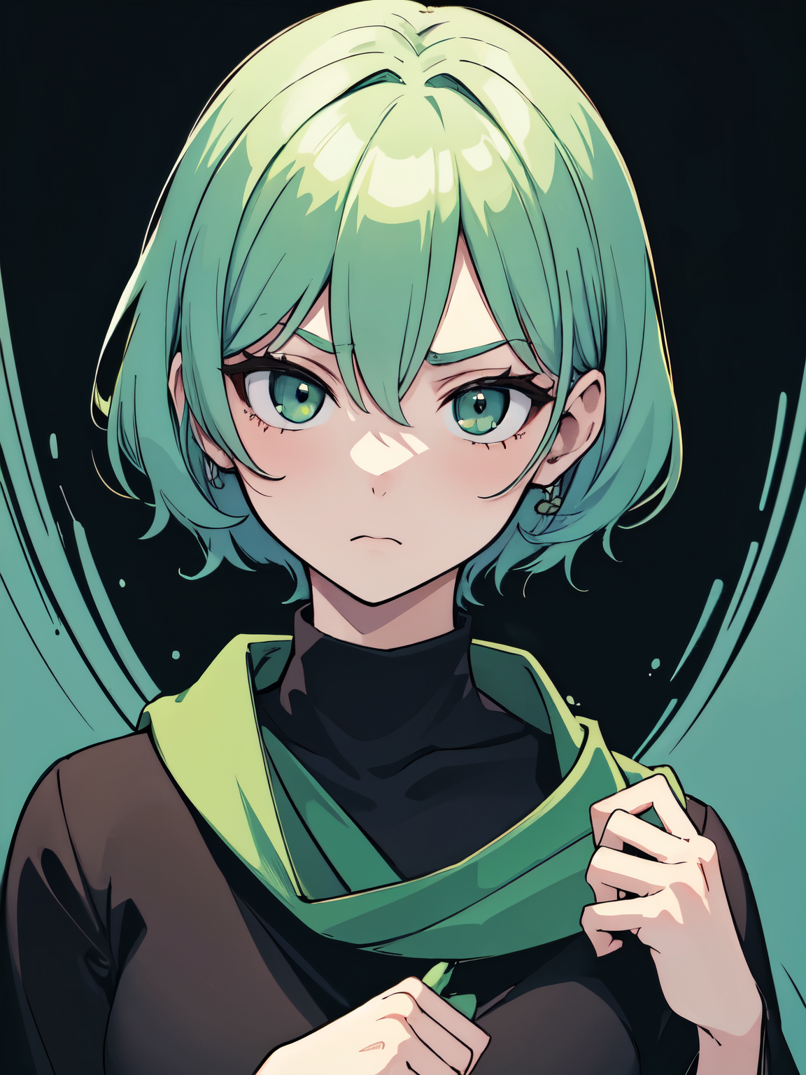 masterpiece, best quality, highres, 1girl, short green pastel hair, looking at viewer, long scarf, japanese, black shirt, turtleneck, serious face