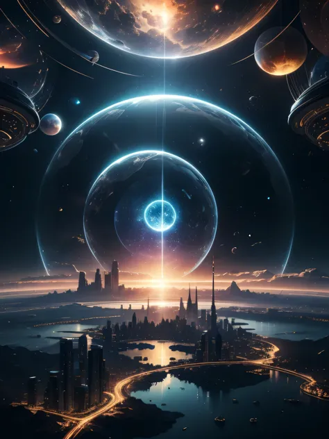 Science fiction, city in the shape of a circle, glass dome, en el espacio cerca de un gran planeta, ver a 200 metros, ultra deta...
