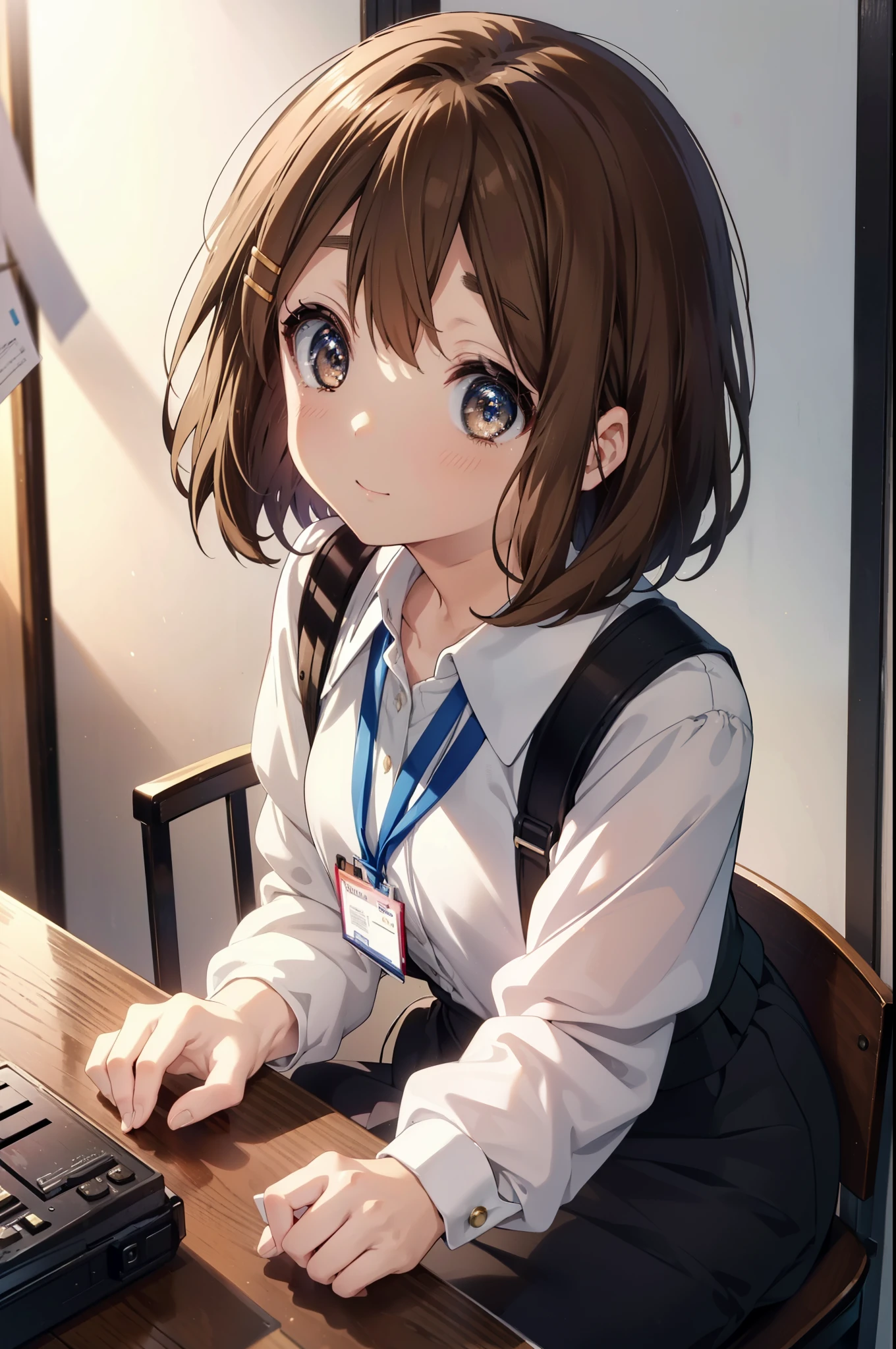 yuihirasawa, yui hirasawa, short hair, brown hair, hair ornaments, (brown eyes:1.5), hair clip、OL, Black Abyss glasses, end, black suit jacket, collared jacket, white dress shirt, collared shirt, neckline, button, strap, ID card on neck, black pencil skirt, black pantyhose, stiletto heels,sitting cross-legged on a chair,There is a computer on the desk.,smile, blush, 視聴者を見ている
break indoors, classroom,
break looking at viewer, (cowboy shot:1.5),
break (masterpiece:1.2), highest quality, High resolution, unity 8k wallpaper, (figure:0.8), (detailed and beautiful eyes:1.6), highly detailed face, perfect lighting, Very detailed CG, (perfect hands, perfect anatomy),