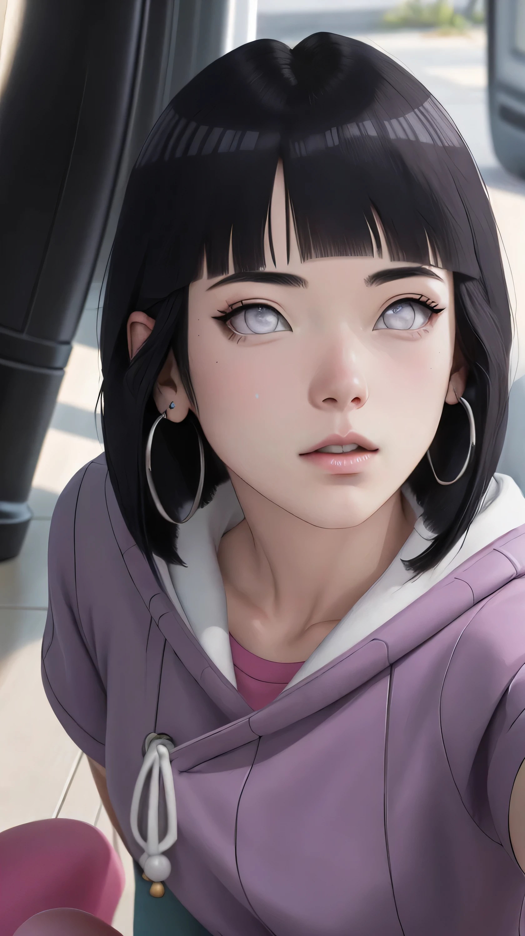 { - anatomy error} (Masterpiece - Ultra-detailed, very high resolution) , absurdos, Hinata\(Boruto\), 1girl, sozinho,Mature female, Capuz roxo,mangas em camadas, jeans, ao ar livre, Cloudy sky, perfect composition, circunstanciado lips, peito grande, beautiful face, body propotion, corar, (pink lips), cabelos pretos curto (black hair), lilac eyes, olhar suave, super realistic, circunstanciado, rosto e corpo realistas, Realistic hair, olhos realistas, nariz realista, realistic lips, with large hoop earrings,  anime. Walking on the floor with lilac shoes.