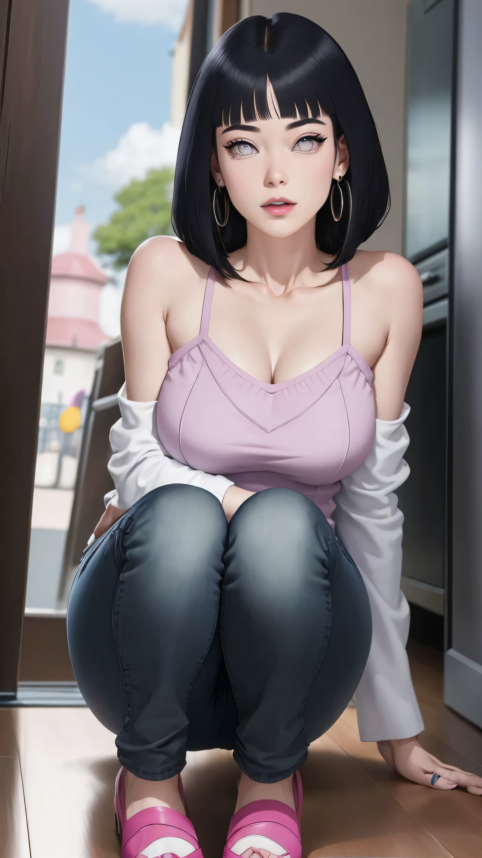 { - anatomy error} (Masterpiece - Ultra-detailed, very high resolution) , absurdos, Hinata\(Boruto\), 1girl, sozinho,Mature female, Capuz roxo,mangas em camadas, jeans, ao ar livre, Cloudy sky, perfect composition, circunstanciado lips, peito grande, beautiful face, body propotion, corar, (pink lips), cabelos pretos curto (black hair), lilac eyes, olhar suave, super realistic, circunstanciado, rosto e corpo realistas, Realistic hair, olhos realistas, nariz realista, realistic lips, with large hoop earrings,  anime. Walking on the floor with lilac shoes.