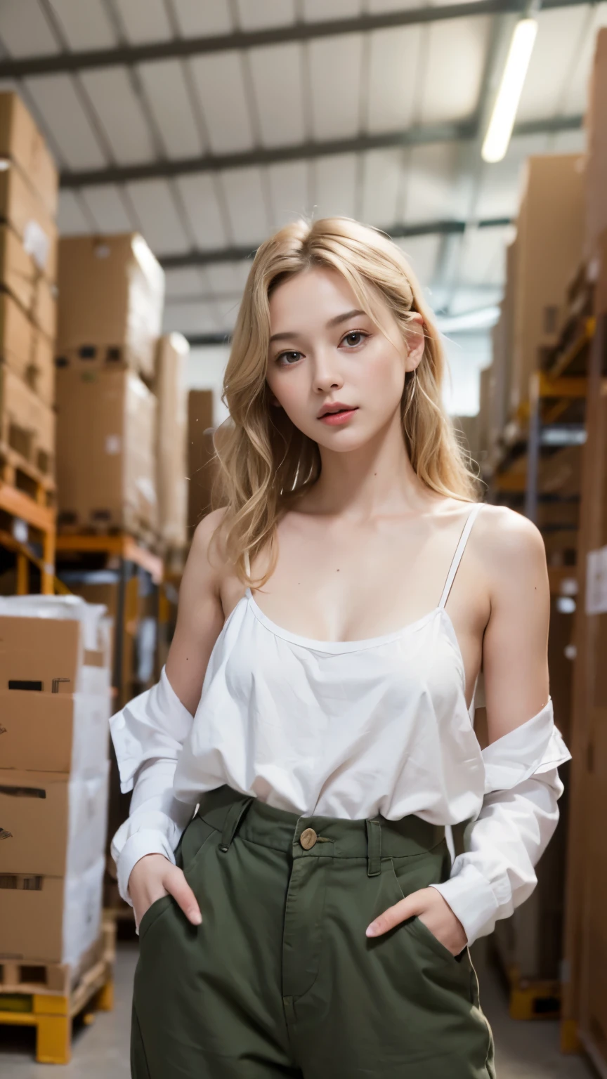 (((best quality, 8 thousand, masterpiece:1.4)), (20 year old woman), masterpiece, distinct, highres, high_quality, wide_shot, small_face, absurdly_short_hair, female, sagging_breasts, balancing, stretching, gentle_face, bare_shoulders, center_opening, downblouse, (blonde wavy very long hair), (Put your hands in your pockets), (C-com saggy breasts), Locked in the warehouse, 