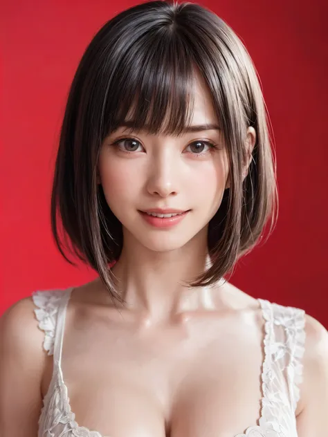 (table top, highest quality、ultra high resolution、face focus focus、focus on the sides、navel focus、decolletage focus、very attractive beauty、Add intense highlights to your eyes、look closely at the camera:1.4、Absolutely beautiful bangs:1.4、Brunette short bob ...