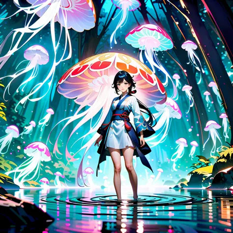 Amazing, high-quality, 4K, fantasy girl in a kimono standing in water with jellyfish, inspired by Ke Qing from Genshin Impact, b...