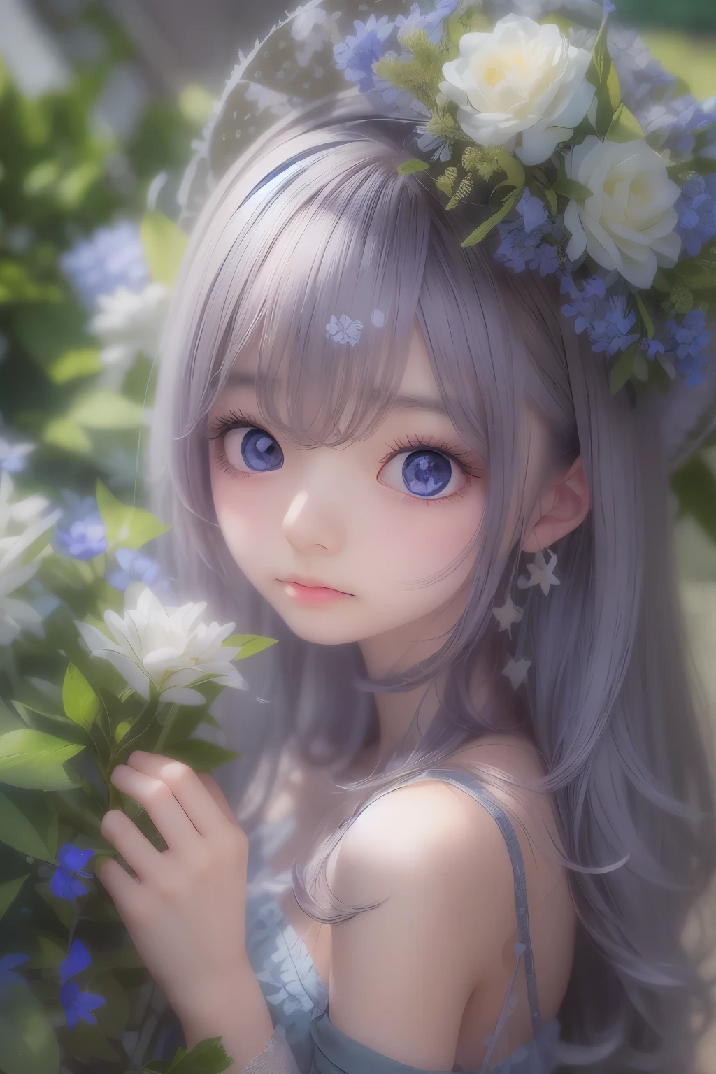 masterpiece, highest quality, Super detailed, figure, , , 1 girl,alone, image body, flower, looking at the viewer, , , purple eyes, eyes like jewels, very fine eyes, highly detailed face,, , star (null), star座,  purple energy,  handrail, 流star