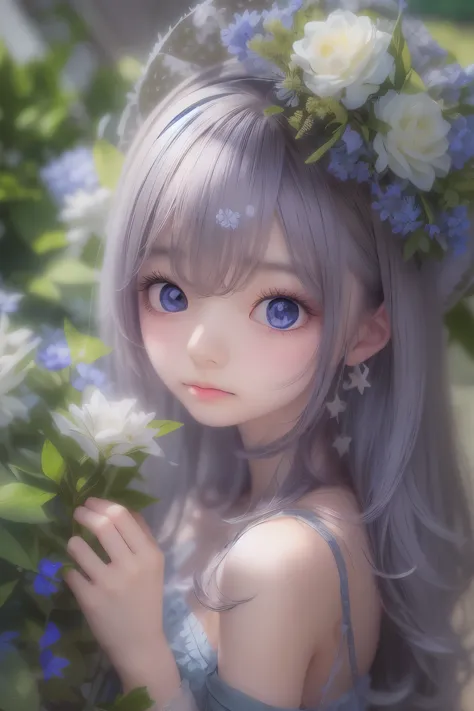 masterpiece, highest quality, Super detailed, figure, , , 1 girl,alone, image body, flower, looking at the viewer, , , purple ey...