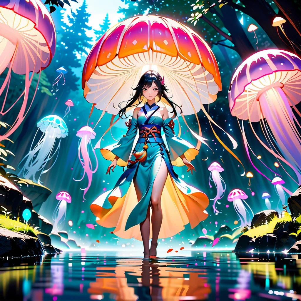 Astonishing, high quality, 4K, Fantasy girl in kimono standing in water with jellyfish, Inspired by《Genshin》Ke Qing, Beautiful anime style artwork, detailed, complicated, lifelike, Vibrant and bright colors, ethereal lights, soft reflection in waters, Tranquil composition, Full body close-up, reflection in water, enchanted forest, anime wallpaper, 2.5d computer graphics image, anime fantasy art, Jellyfish Miko