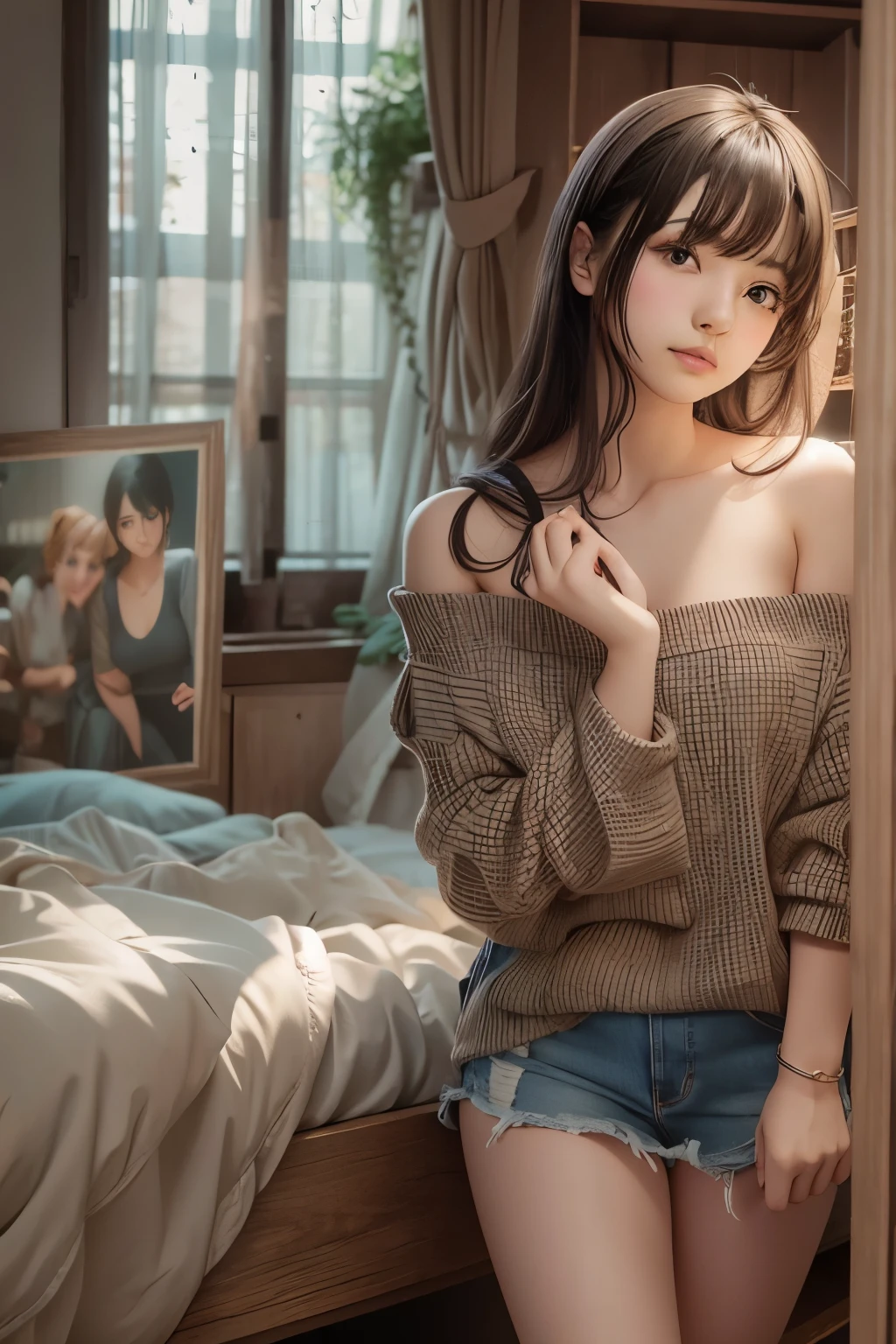 Ultra High Resolution, (Realistic: 1.4), RAW Photo, Best Quality, (Photorealistic), Focus, Soft Light, ((25 years old)), ((Japanese)), (Front, Young Face))), (Depth of Field), (One Piece), Masterpiece, (Photoreal), Woman, Bangs, (( off-the-shoulder top, Bedroom, 1 Girl))