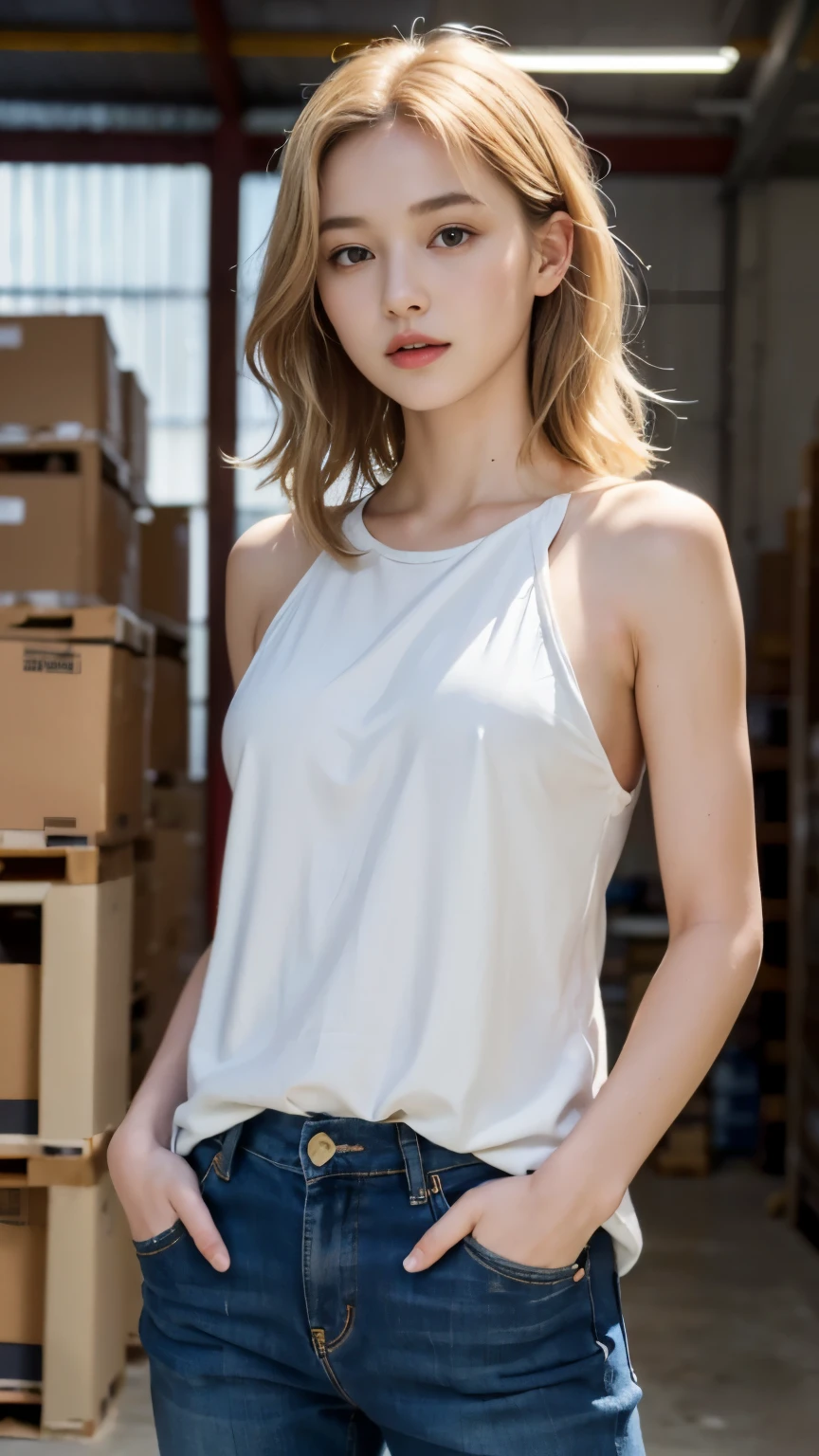 (((best quality, 8 thousand, masterpiece:1.4)), (20 year old woman), masterpiece, distinct, highres, high_quality, wide_shot, small_face, absurdly_short_hair, female, sagging_breasts, balancing, stretching, gentle_face, bare_shoulders, center_opening, downblouse, (blonde wavy very long hair), (Put your hands in your pockets), (C-com saggy breasts), Locked in the warehouse, 