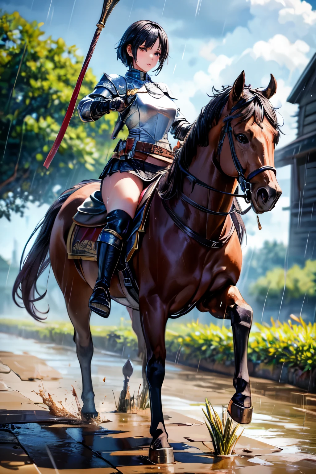 8k, realistic, vivid colors, ((best quality)), ((masterpiece)), (detailed), perfect face, pixie cut, {black hair}, BREAK, horseback riding, brown horse, (saddle, stir ups, rein), running: 1.2, 20 years old, female knight, (black armor, black gauntlet, black miniskirt, black armored boots), outdoor, ((raining)), muddy landscape, wet body, anatomically correct,