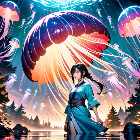 Astonishing, high quality, 4K, Fantasy girl in kimono standing in water with jellyfish, Inspired by《Genshin》Ke Qing, Beautiful a...