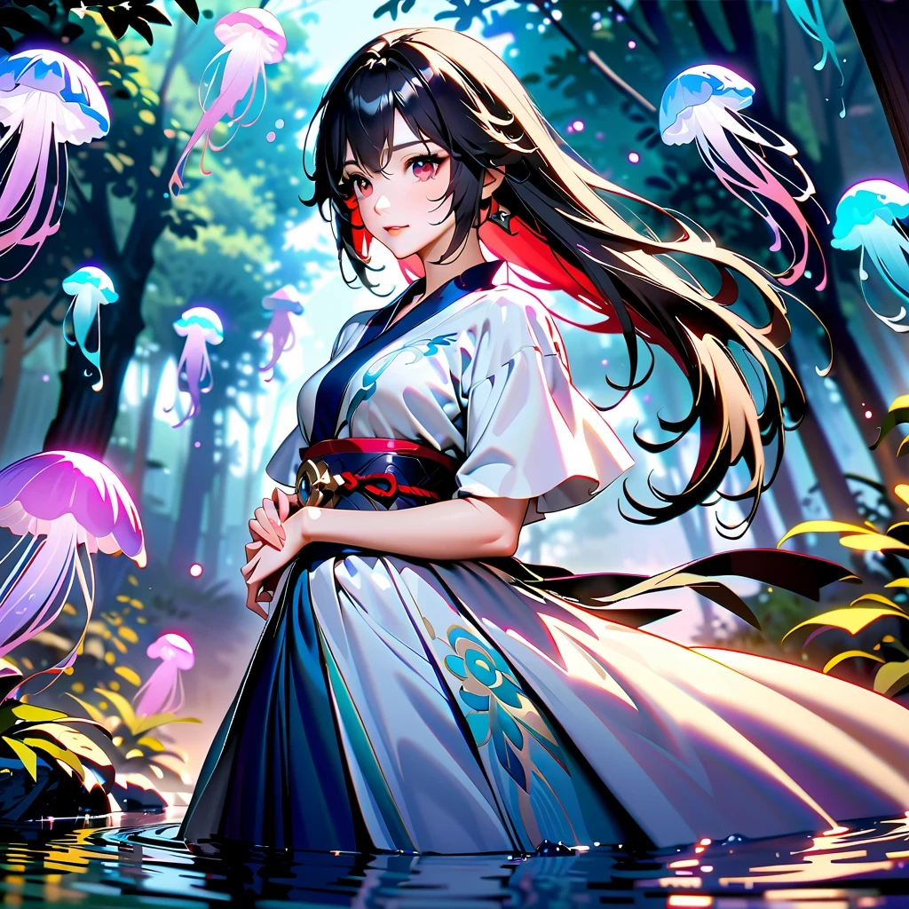 Astonishing, high quality, 4K, Fantasy girl in kimono standing in water with jellyfish, Inspired by《Genshin》Ke Qing, Beautiful anime style artwork, detailed, complicated, lifelike, Vibrant and bright colors, ethereal lights, soft reflection in waters, Tranquil composition, Full body close-up, reflection in water, enchanted forest, anime wallpaper, 2.5d computer graphics image, anime fantasy art, Jellyfish Miko