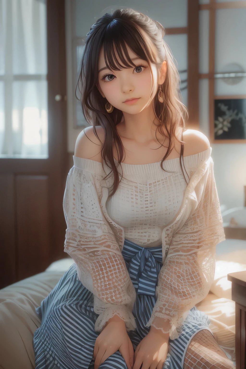 Ultra High Resolution, (Realistic: 1.4), RAW Photo, Best Quality, (Photorealistic), Focus, Soft Light, ((25 years old)), ((Japanese)), (Front, Young Face))), (Depth of Field), (One Piece), Masterpiece, (Photoreal), Woman, Bangs, (( off-the-shoulder top, Bedroom, 1 Girl))