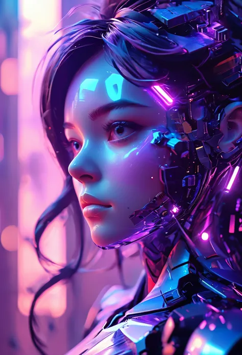 (future technology), (Mecha face close-up), blue to purple gradient background, Fantasy space city background, Fantastic light a...