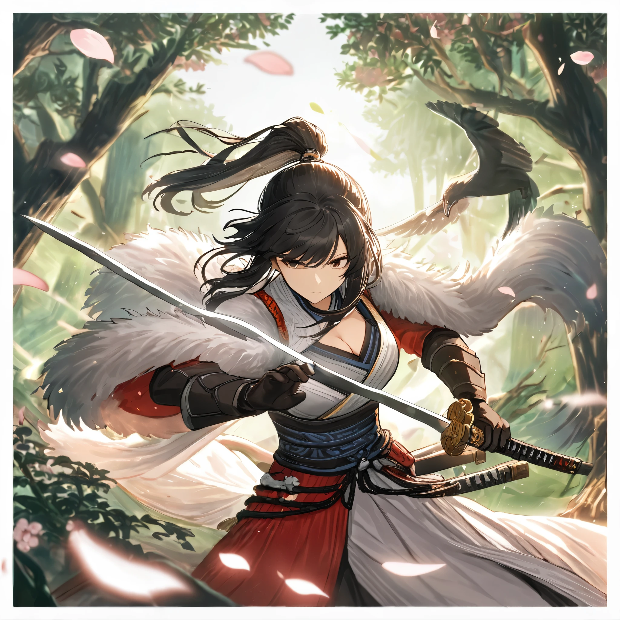 Spring Morning,(spring),(morning),(windy),(blood),(motion blur),(dress in white),Petals fluttering in the wind, shining swords, helpless expression, anger, fighting with death, very detailed expression, very detailed petals,ponytail, 2swordsman fighting,fight,gongfu,stand in trees, 2swordsman stood in a peach tree forest with petals dancing,petals , detailed ,completing the stable diffusion of serenity and contentment,masterpiece, best quality,masterpiece, best quality, swordman,holding a sword(trees:0.5),(eagle:0.5), (bamboo:0.2) fighting stance, 1man, glowing, solo, weapon, sword, tree, holding, gloves, outdoors, sheath, border, holding weapon, black hair, holding sword, fur trim, looking away,look at view