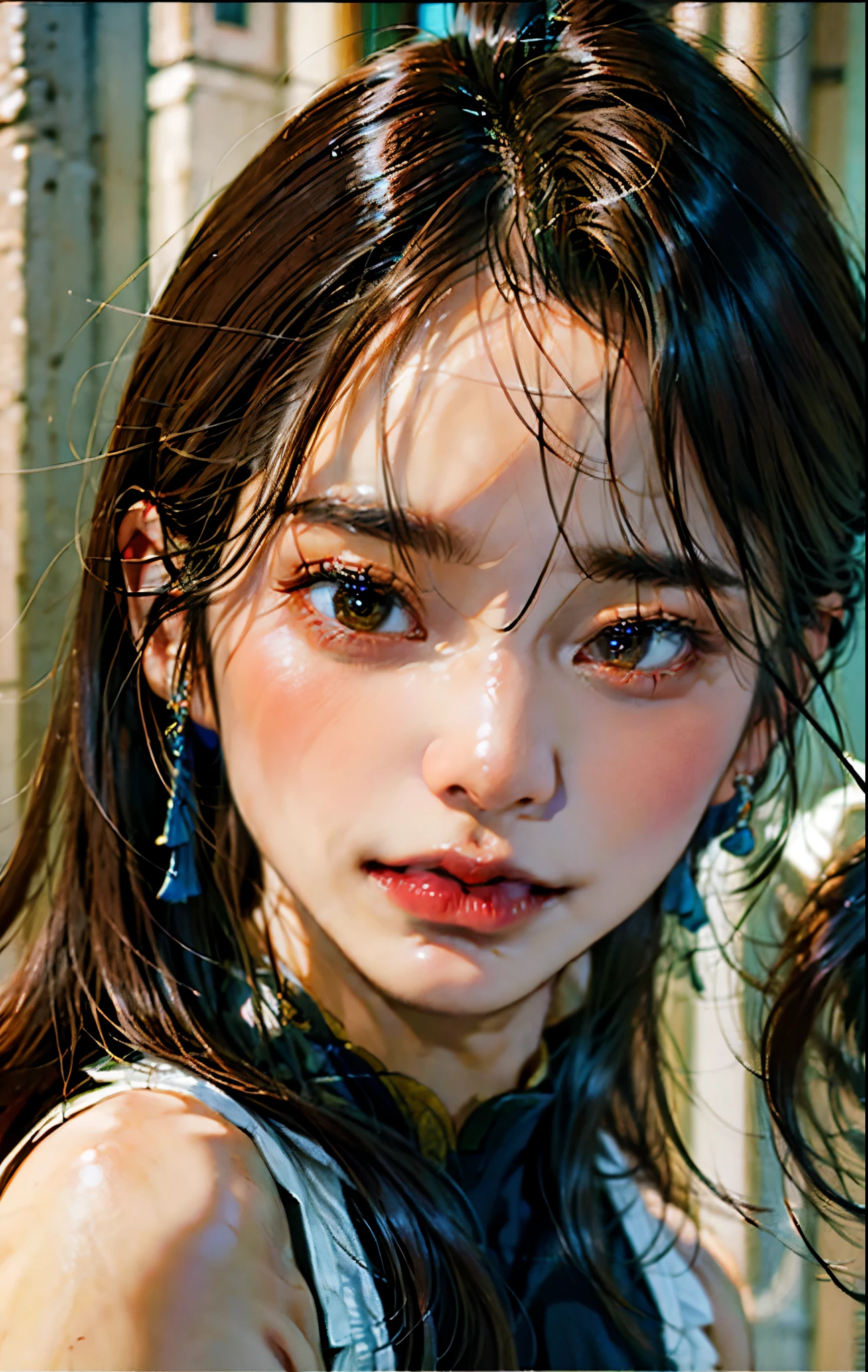 PM, Light brown eyes, (Japanese girl),1girl in, 27yr old, Innocence, (Photorealsitic),(top-quality:1.4), (超A high resolution:1.2), 超A high resolution, (A detailed eye), (detailed facial features), nfsw, 8k resolution, (lensflare:0.7),Colossal ,(bushy eyebrows),straight eyebrows,low eyebrows,(thick lips:1.3),(glossy lips:1.3),(lipstick,blue lips:1.2),(blush),black hair,(brown eyes), wide forhead,(armpit hair:1.3),