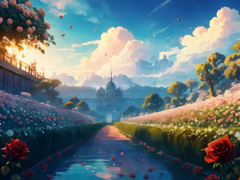 DVD screengrab from studio ghibli movie, (beautiful rose garden:1.4), clouds on blue sky, designed by Hayao Miyazaki, retro anim...