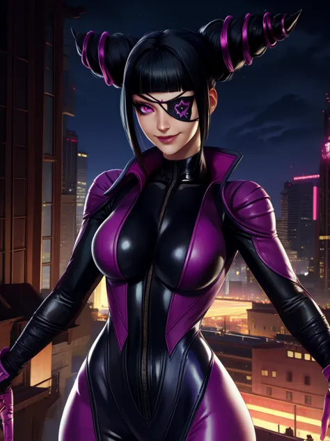 Juri , black hair,two-tone hair, hair horns, purple eyes, eyepatch,  
bodysuit, clothing cutout, 
standing, upper body, evil smi...