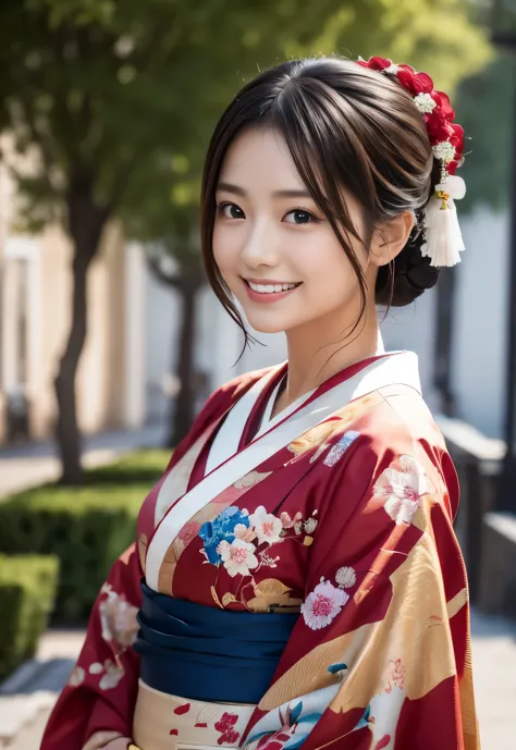 (((garden:1.3, outdoor, Photographed from the front))), ((hair tied up:1.3, kimono, japanese woman, smile,cute)), (clean, natura...