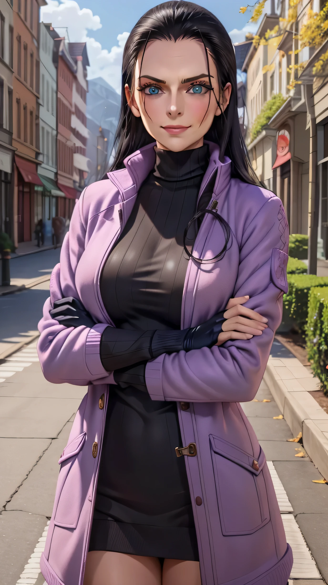 (Masterpiece), 1girl, high quality, best quality, extremely detailed eyes, extremely detailed body, blush, highly detailed, Nico robin, one piece, black hair, blue eyes,  looking at viewer, smile, large breasts, gloves, long sleeves, closed mouth, 1girl, purple jacket, upper body, open clothes, sweater, coat, crossed arms, eyewear on head, brown gloves, ribbed sweater, hair slicked back, purple sweater