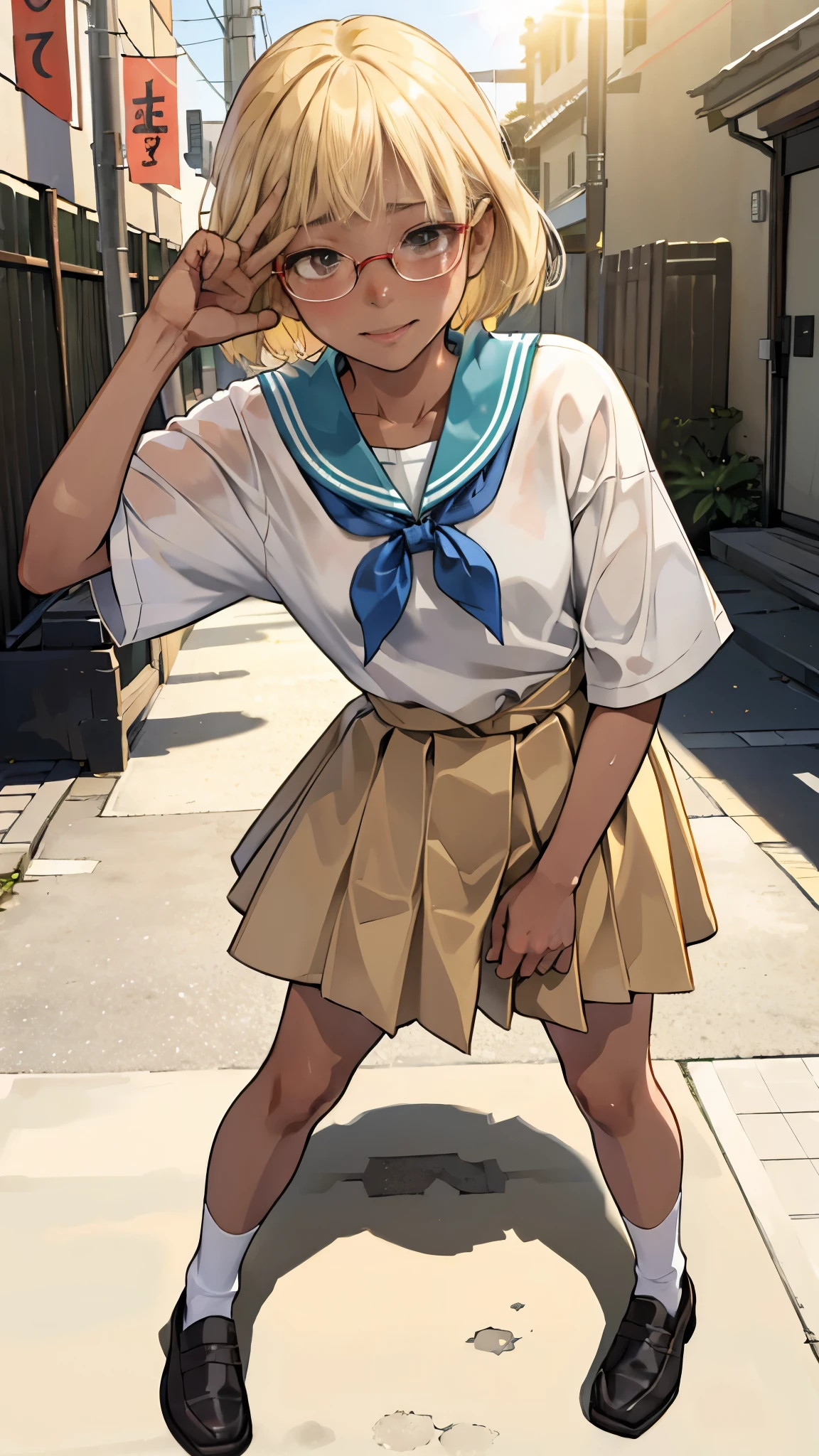 Anime Character In A School Uniform Posing On A Sidewalk - Seaart Ai