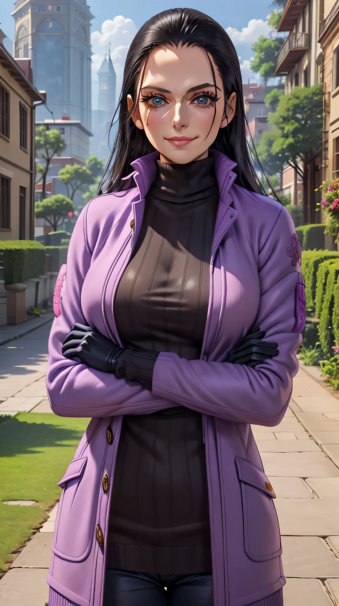 Anime - style woman in purple jacket and black top standing on sidewalk -  SeaArt AI