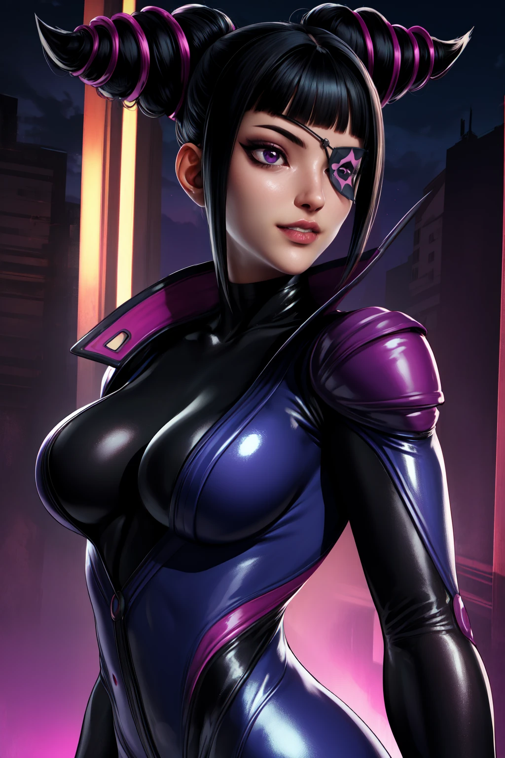 Juri , black hair,two-tone hair, hair horns, purple eyes, eyepatch,  
bodysuit, clothing cutout, 
standing, upper body, evil smile, 
night club,
(insanely detailed, beautiful detailed face,beautiful detailed eyes, masterpiece, best quality) , solo, dinamic poses, shinning eyes