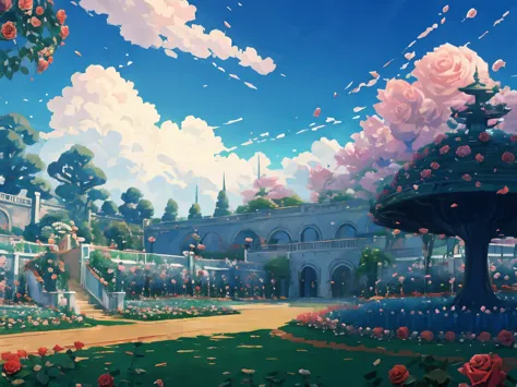 DVD screengrab from studio ghibli movie, (beautiful rose garden:1.4), clouds on blue sky, designed by Hayao Miyazaki, retro anim...