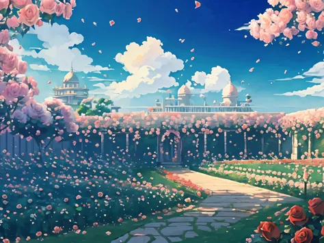 DVD screengrab from studio ghibli movie, (beautiful rose garden:1.4), clouds on blue sky, designed by Hayao Miyazaki, retro anim...