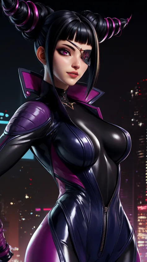 Juri , black hair,two-tone hair, hair horns, purple eyes, eyepatch,  
bodysuit, clothing cutout, 
standing, upper body, evil smi...