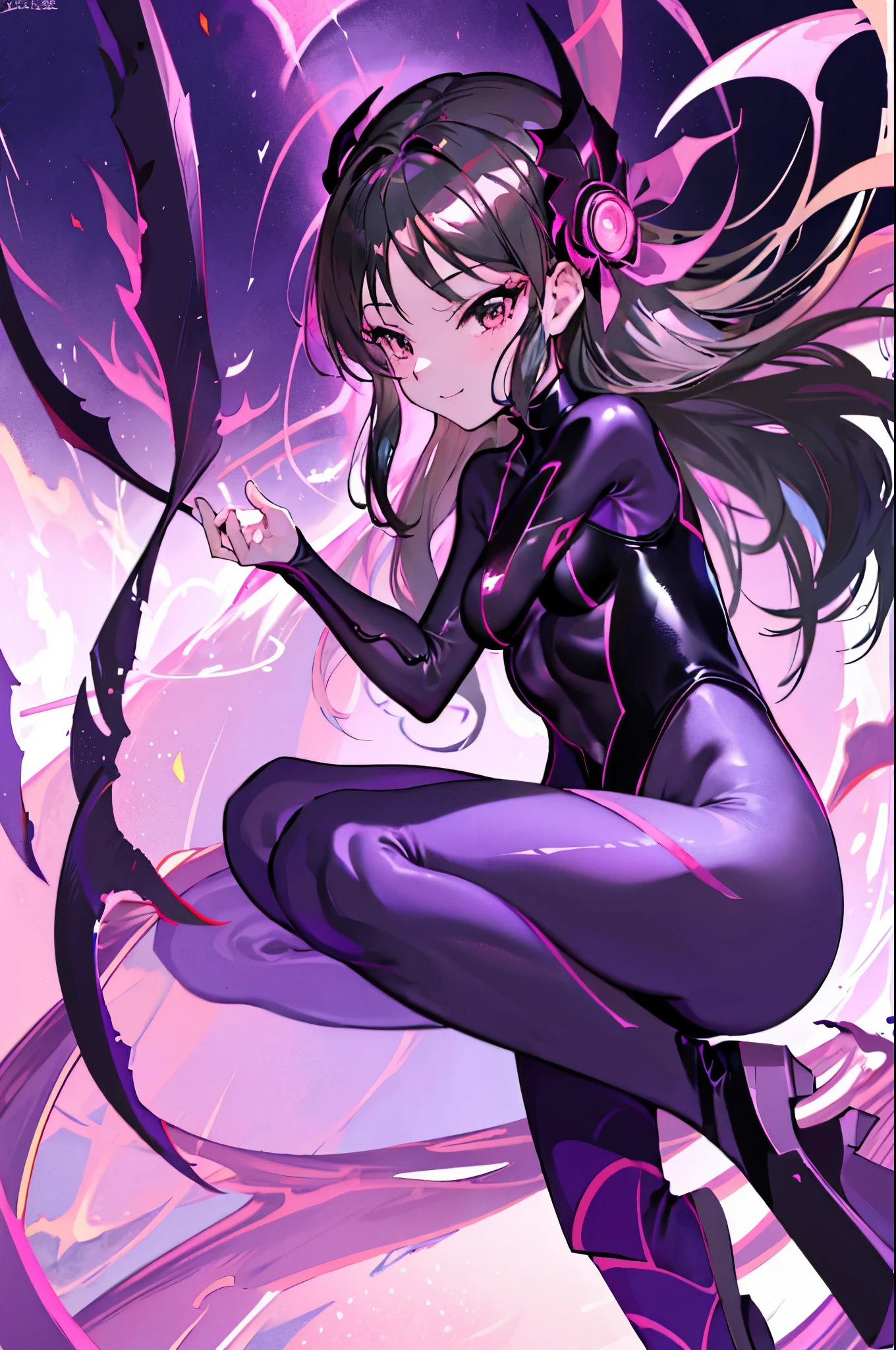 highest quality　Highest image quality　Adult-like body type　draw the face carefully　Anime style high quality face　super shiny skin　Black and purple leotard　Pink pantyhose　succubus　lure　smile　Rear view