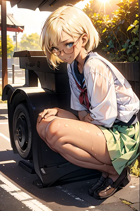 (super flat, flat shading), honors type, really blushing, 17 years old, japanese school girl, short bob cut blonde hair, glasses...